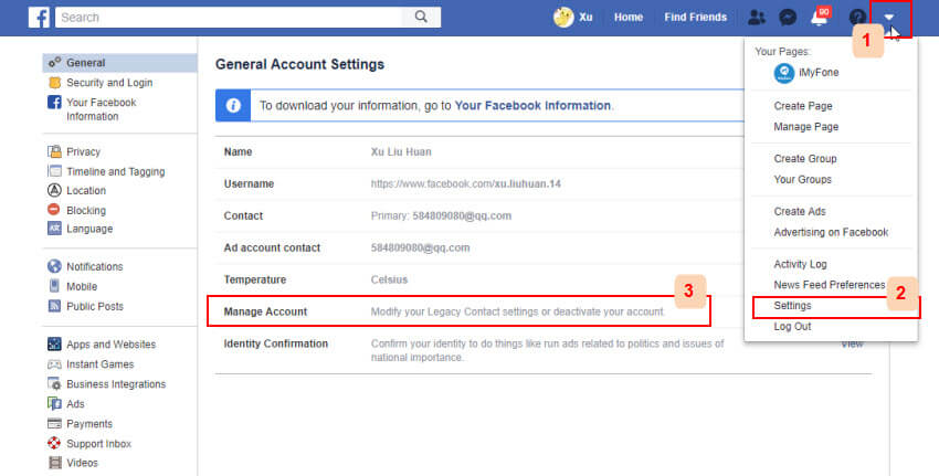 click settings to deactivate facebook