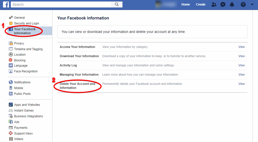 delete facebook account