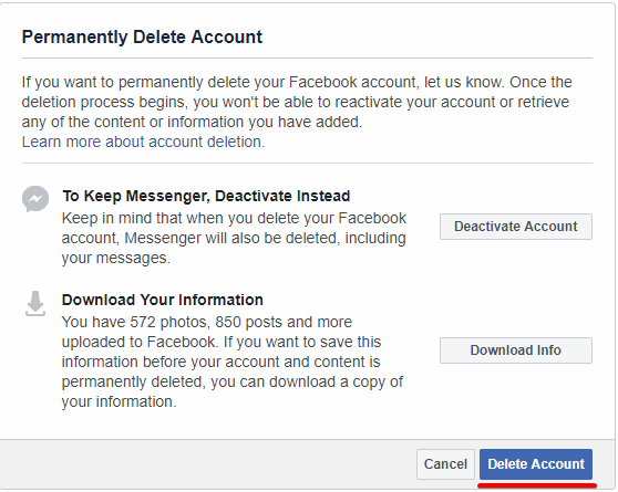 delete facebook account