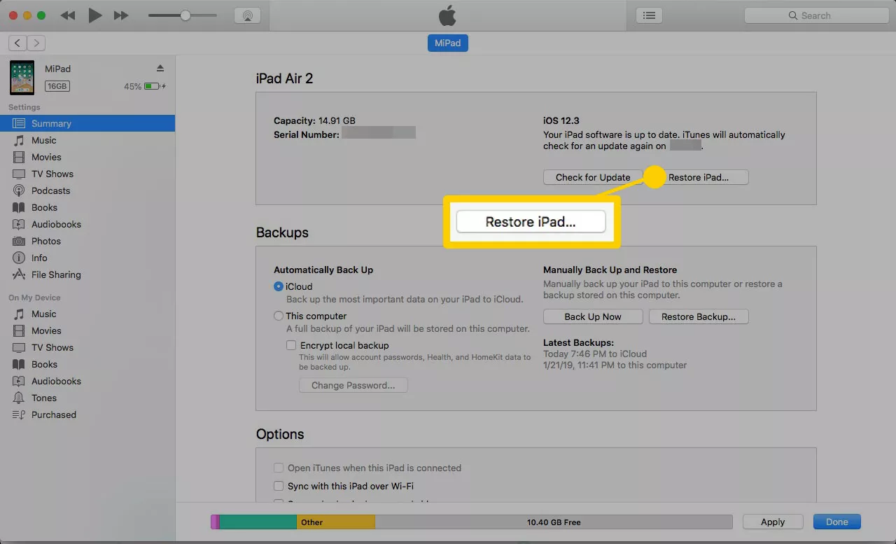 reset ipad with itunes