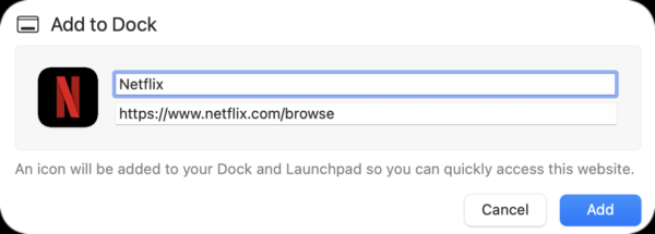 name Netflix in dock on Mac